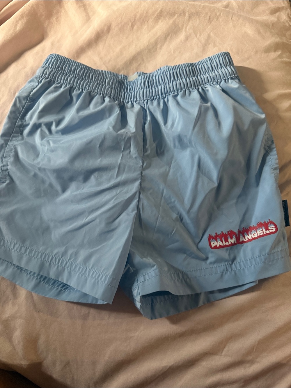 Palm Angels Light Blue Athletic Swim Shorts with Red Logo